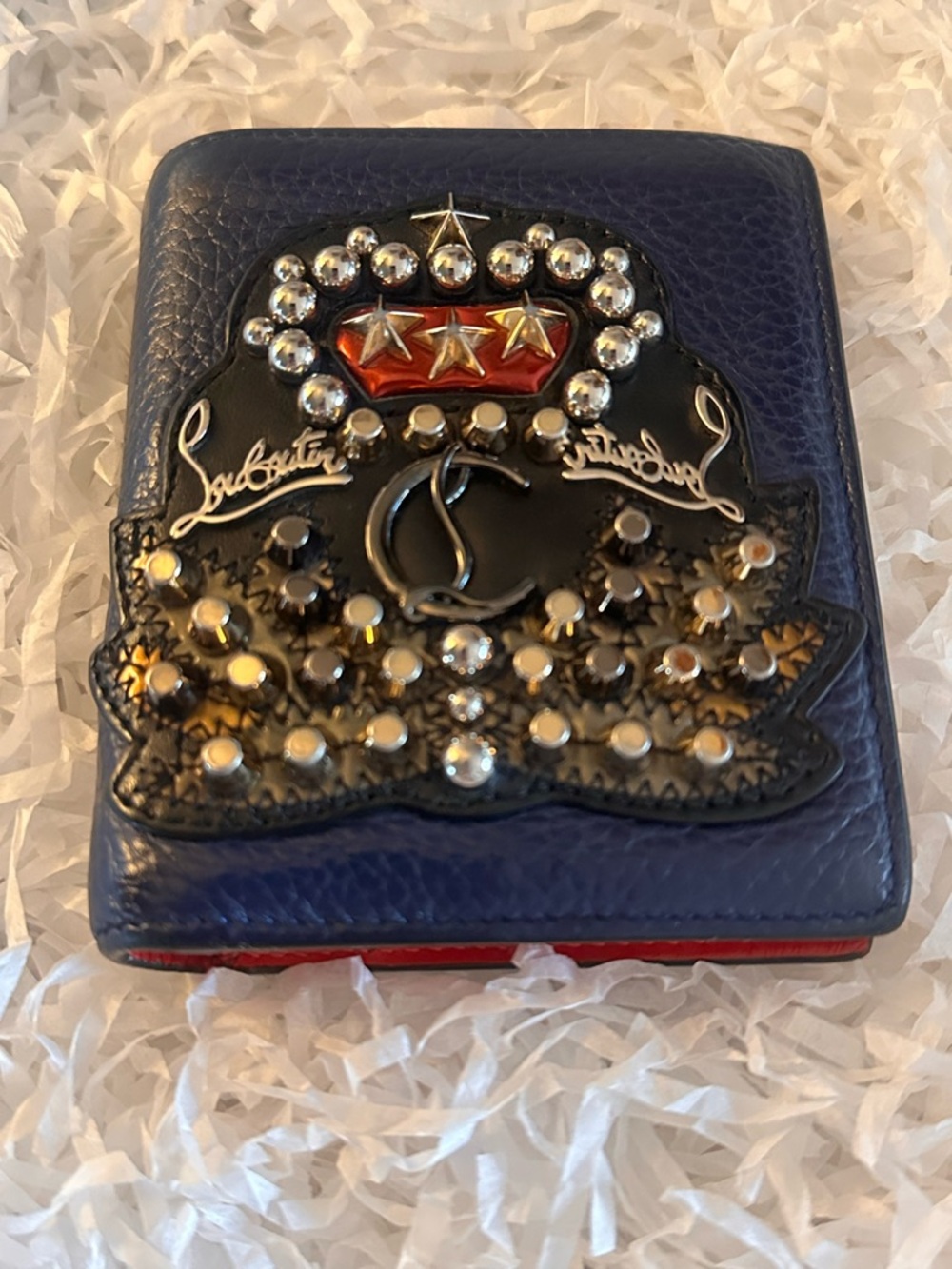 Christian Louboutin Panettone Navy Leather Studded Crest Bifold Compact Wallet